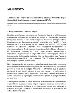 Manifesto: A liderança pelo reforço do financiamento da Educação Ambiental (EA) na  Comunidade dos Países de Língua Portuguesa (CPLP)